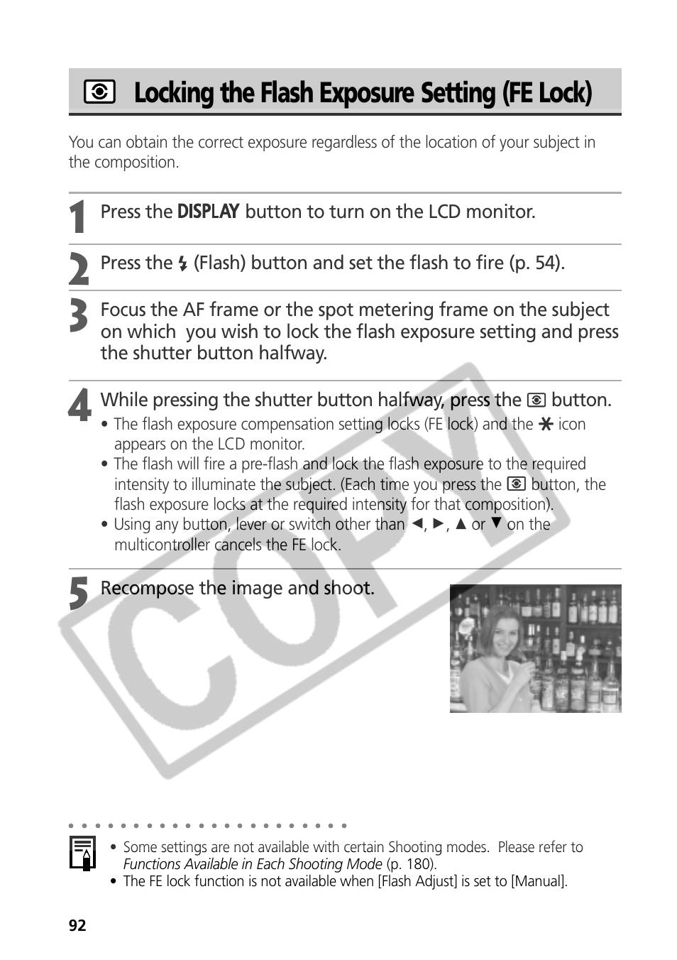 Locking the flash exposure setting (fe lock), Press the button to turn on the lcd monitor, Recompose the image and shoot | Samsung CDI-E090-010 User Manual | Page 98 / 186