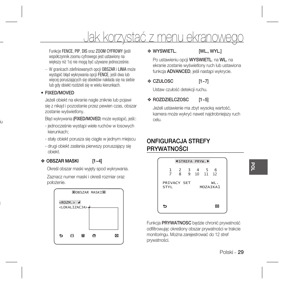 Jak korzystać z menu ekranowego, Onfiguracja strefy prywatności | Samsung SCC-B5367 User Manual | Page 101 / 179
