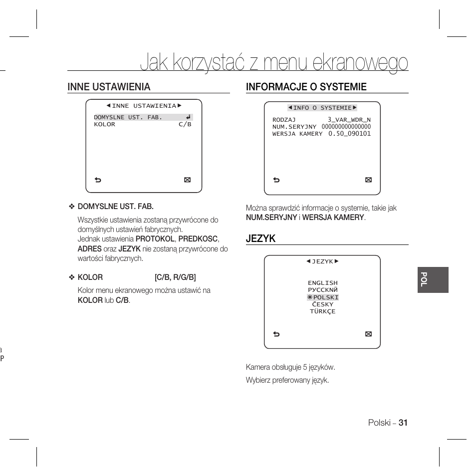 Jak korzystać z menu ekranowego, Inne ustawienia, Informacje o systemie | Jezyk | Samsung SCC-B5367 User Manual | Page 103 / 179
