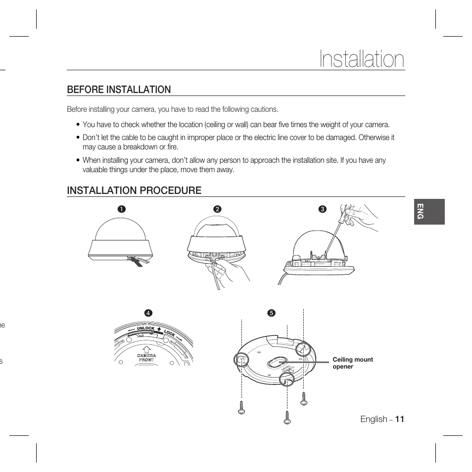 Installation, Before installation, Installation procedure | Samsung SCC-B5367 User Manual | Page 11 / 179