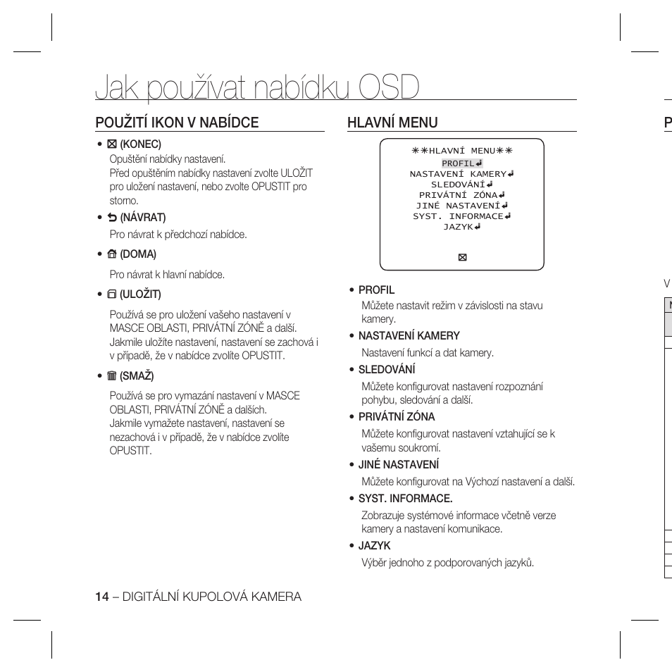 Jak používat nabídku osd, Použití ikon v nabídce, Hlavní menu | Samsung SCC-B5367 User Manual | Page 123 / 179
