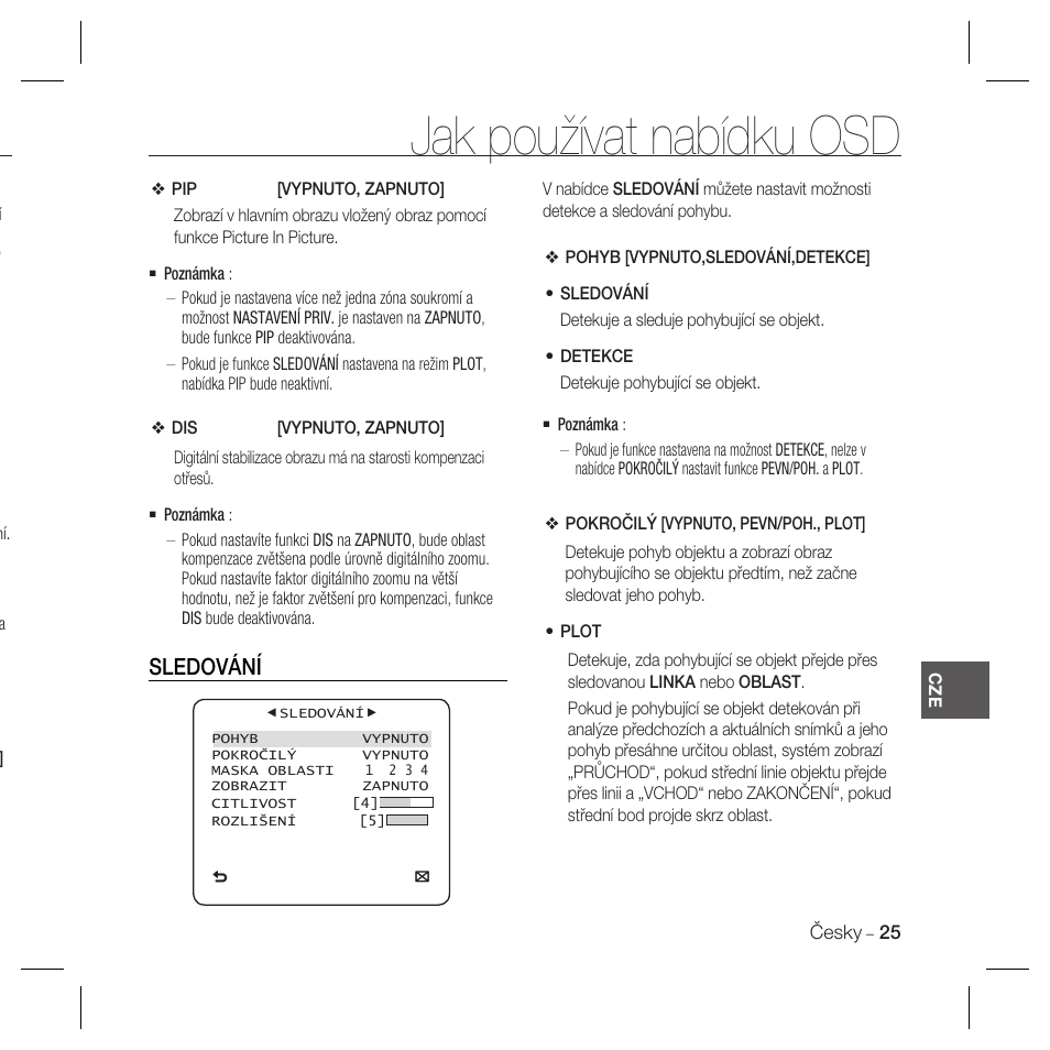 Jak používat nabídku osd, Sledování | Samsung SCC-B5367 User Manual | Page 134 / 179