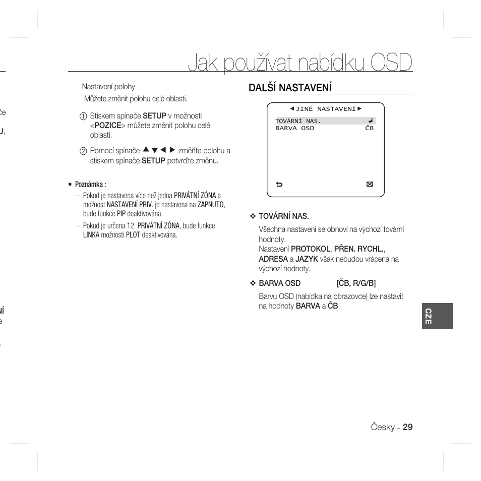 Jak používat nabídku osd, Další nastavení | Samsung SCC-B5367 User Manual | Page 138 / 179