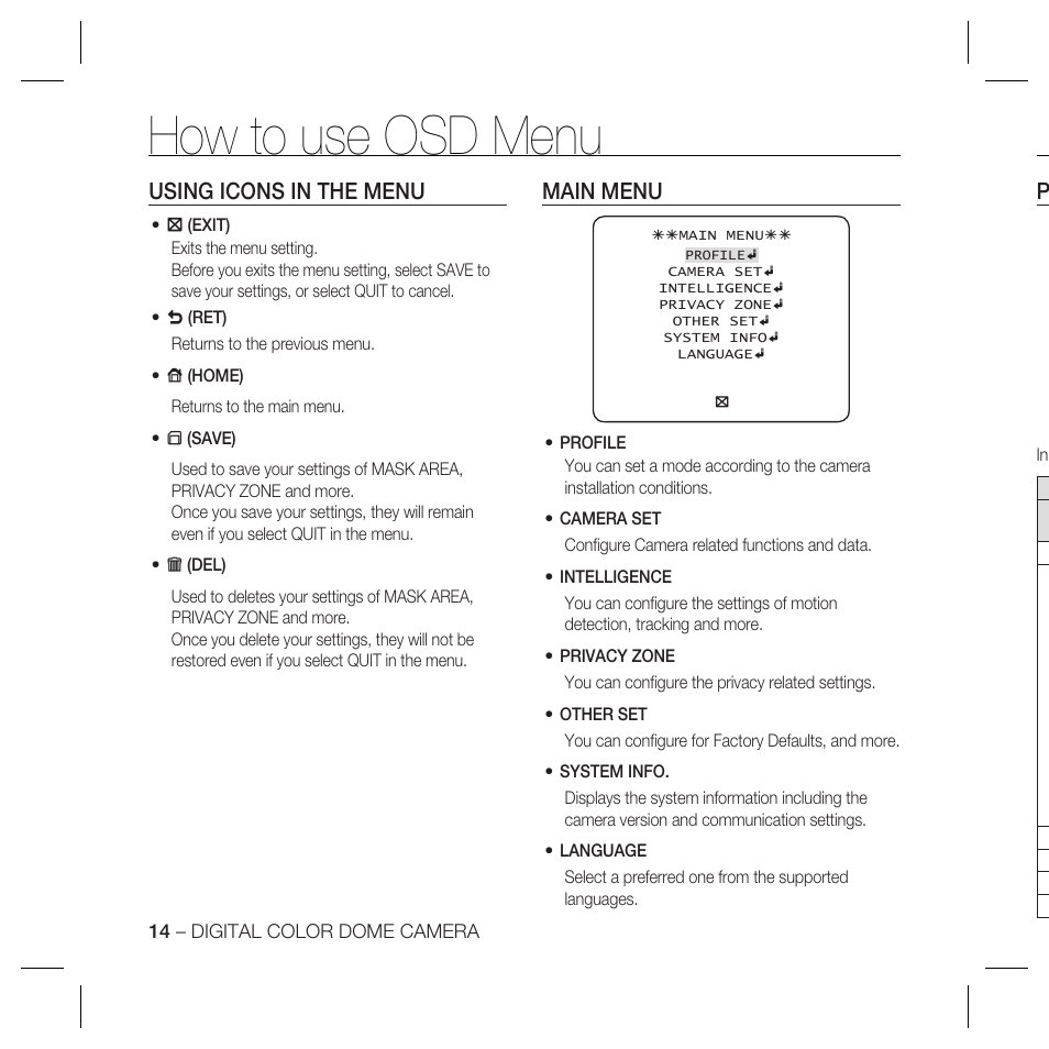 How to use osd menu, Using icons in the menu, Main menu | Samsung SCC-B5367 User Manual | Page 14 / 179