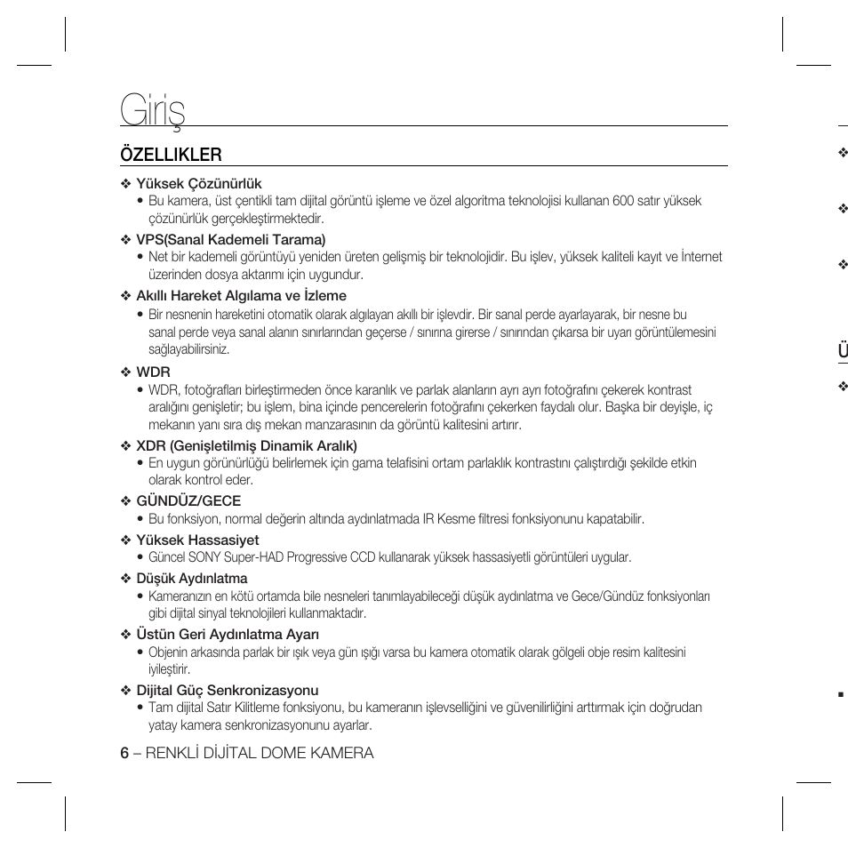 Giriş, Özellikler | Samsung SCC-B5367 User Manual | Page 150 / 179
