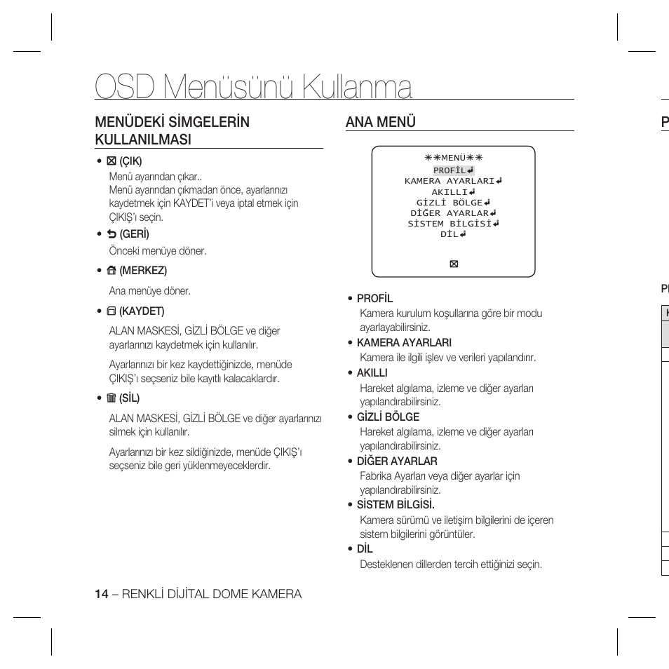 Osd menüsünü kullanma, Menüdeki simgelerin kullanilmasi, Ana menü | Samsung SCC-B5367 User Manual | Page 158 / 179