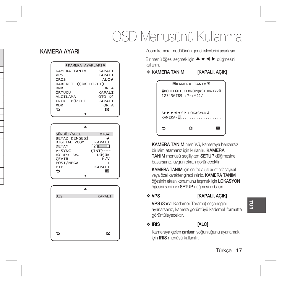 Osd menüsünü kullanma, Kamera ayari, Cdef | Samsung SCC-B5367 User Manual | Page 161 / 179