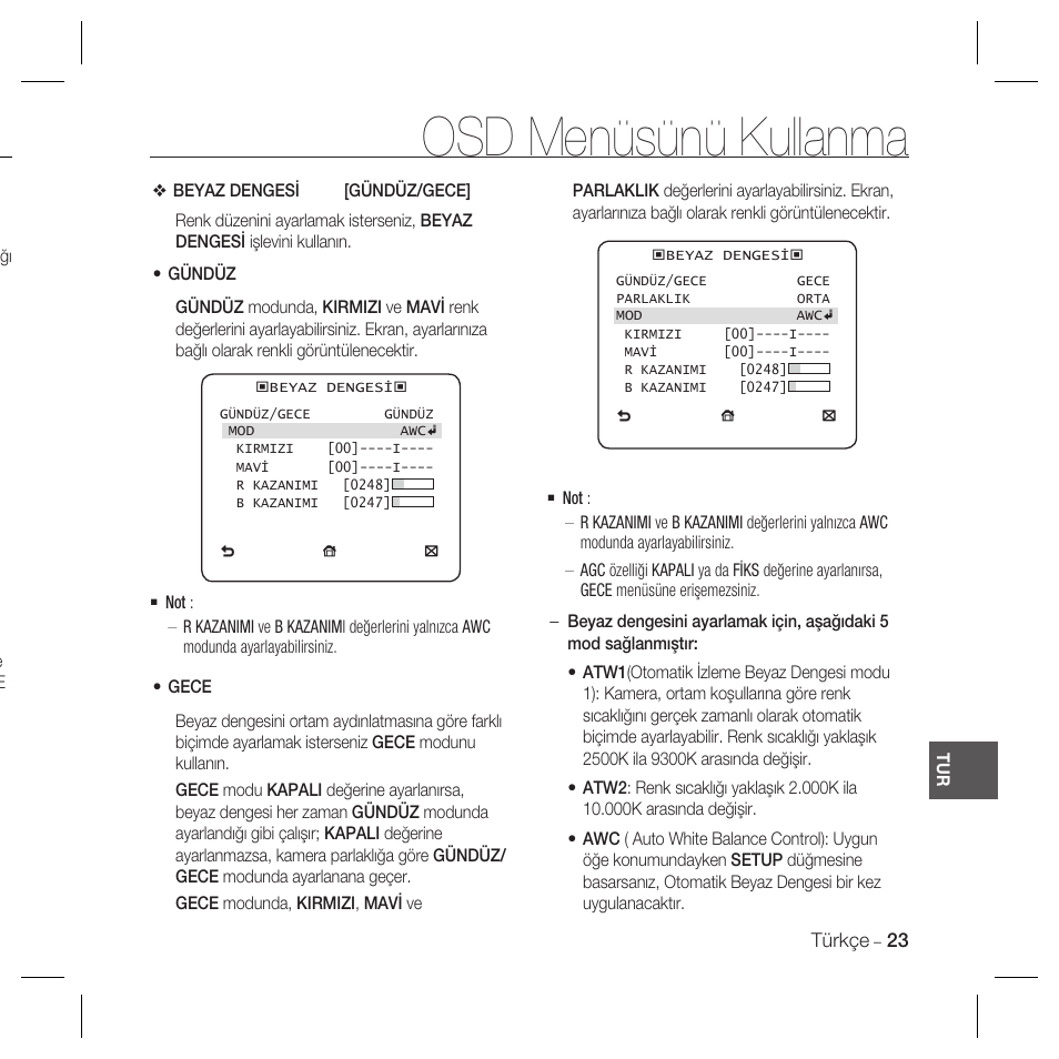 Osd menüsünü kullanma | Samsung SCC-B5367 User Manual | Page 167 / 179