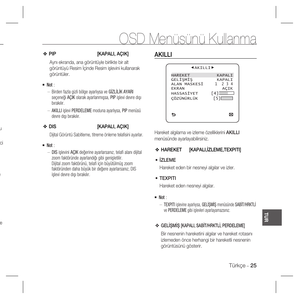 Osd menüsünü kullanma, Akilli | Samsung SCC-B5367 User Manual | Page 169 / 179