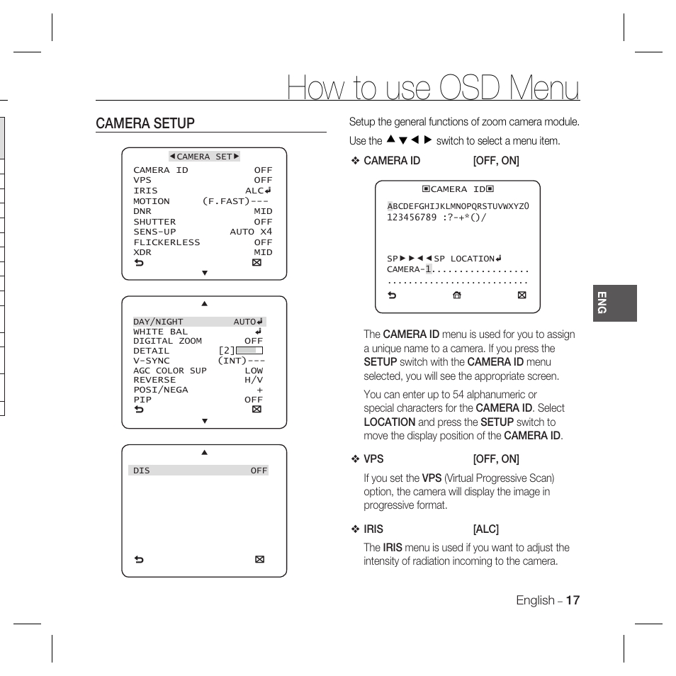 How to use osd menu, Camera setup, Cdef | Samsung SCC-B5367 User Manual | Page 17 / 179