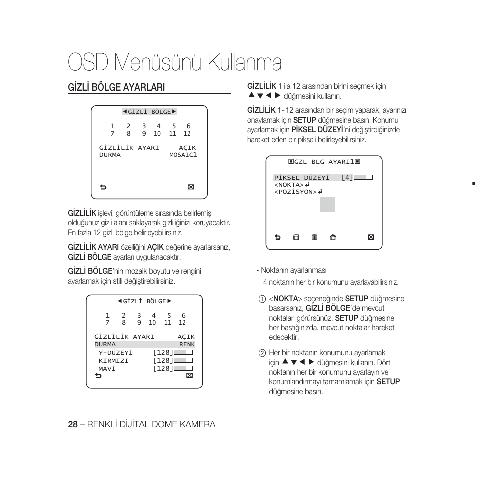Osd menüsünü kullanma, Gizli bölge ayarlari, Cdef | Samsung SCC-B5367 User Manual | Page 172 / 179