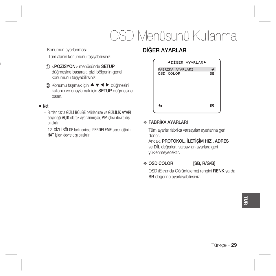 Osd menüsünü kullanma, Diğer ayarlar | Samsung SCC-B5367 User Manual | Page 173 / 179