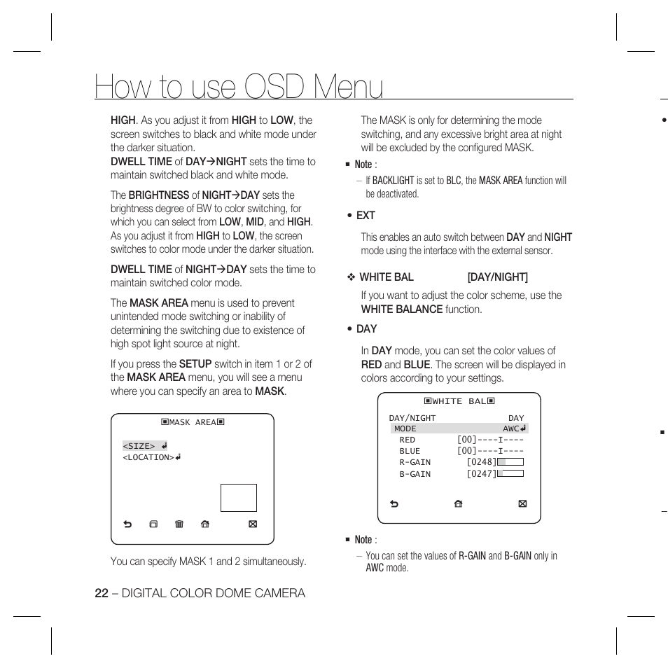 How to use osd menu | Samsung SCC-B5367 User Manual | Page 22 / 179