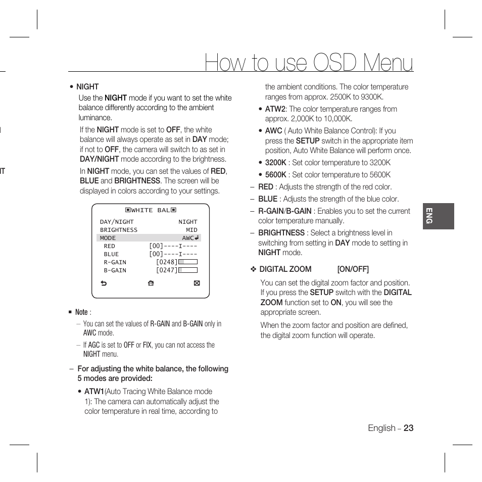 How to use osd menu | Samsung SCC-B5367 User Manual | Page 23 / 179