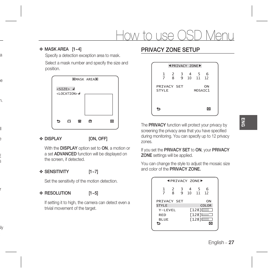 How to use osd menu, Privacy zone setup | Samsung SCC-B5367 User Manual | Page 27 / 179