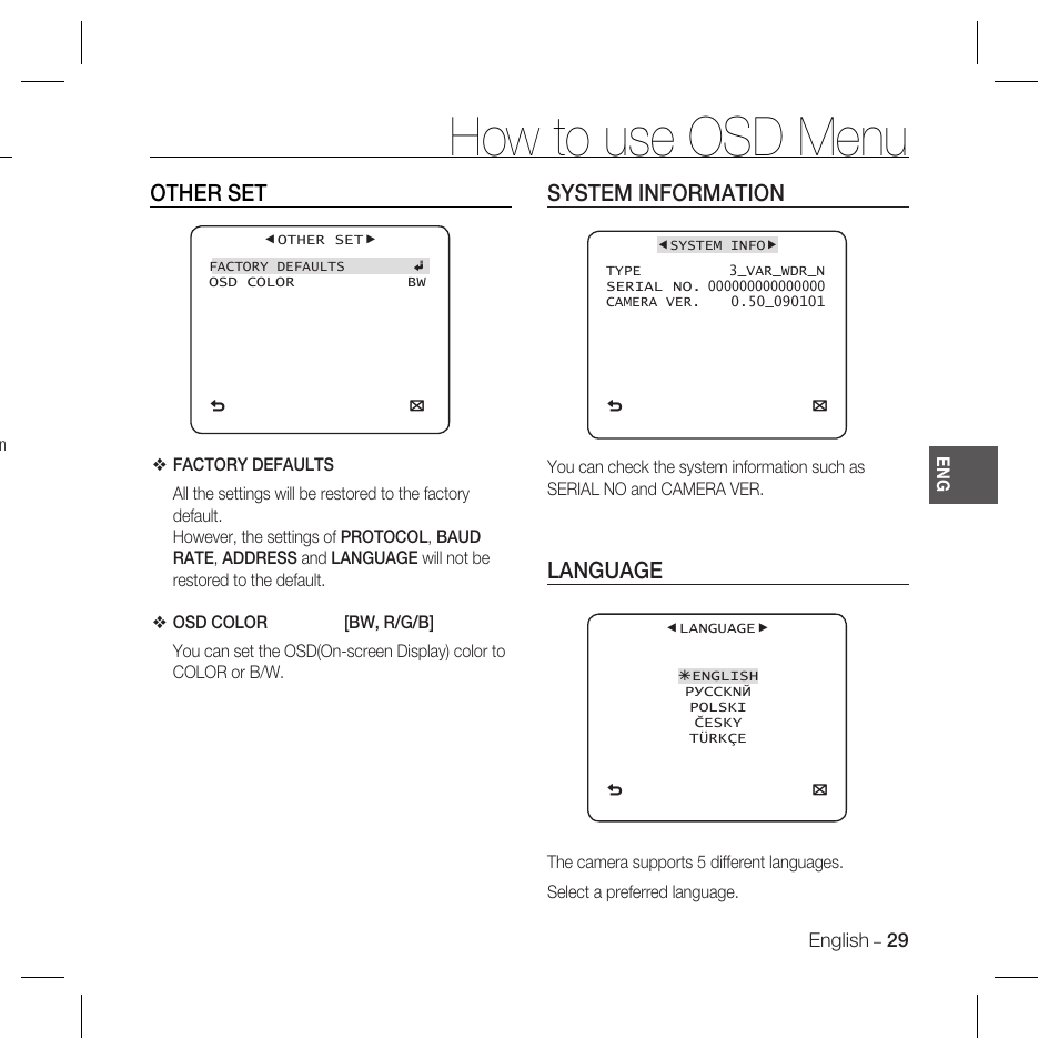 How to use osd menu, Other set, System information | Language | Samsung SCC-B5367 User Manual | Page 29 / 179