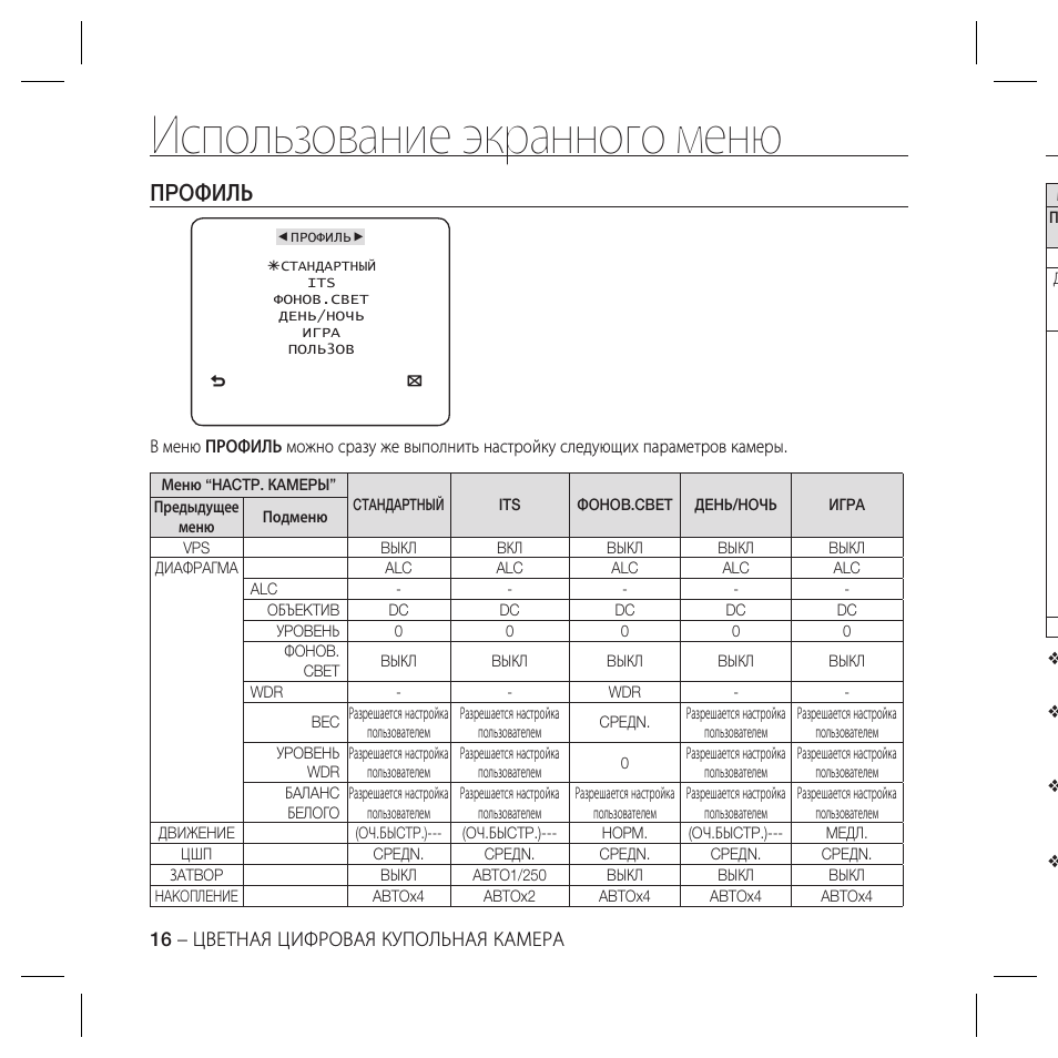 Использование экранного меню, Пpoфиль | Samsung SCC-B5367 User Manual | Page 51 / 179