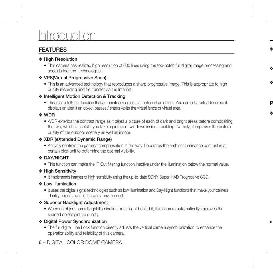 Introduction, Features | Samsung SCC-B5367 User Manual | Page 6 / 179
