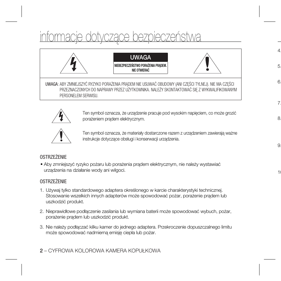 Informacje dotyczące bezpieczeństwa, Uwaga | Samsung SCC-B5367 User Manual | Page 74 / 179