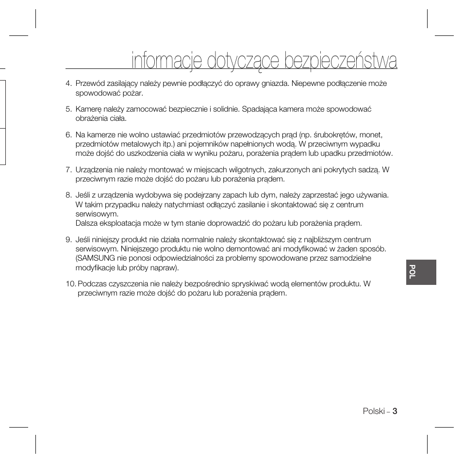 Informacje dotyczące bezpieczeństwa | Samsung SCC-B5367 User Manual | Page 75 / 179