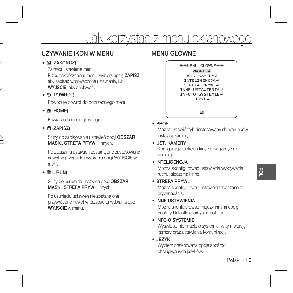 Jak korzystać z menu ekranowego, Używanie ikon w menu, Menu główne | Samsung SCC-B5367 User Manual | Page 87 / 179