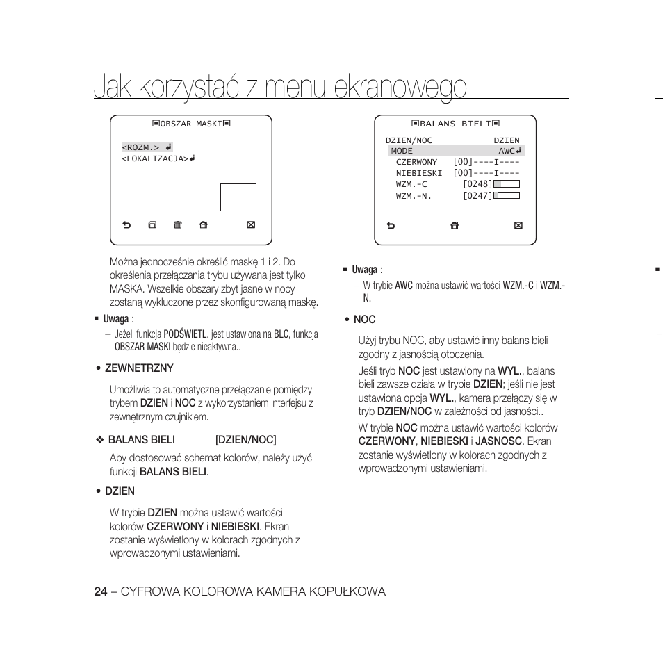 Jak korzystać z menu ekranowego | Samsung SCC-B5367 User Manual | Page 96 / 179