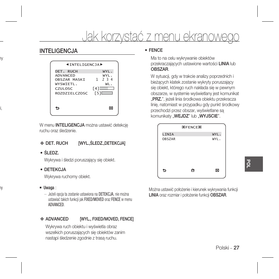 Jak korzystać z menu ekranowego, Inteligencja | Samsung SCC-B5367 User Manual | Page 99 / 179