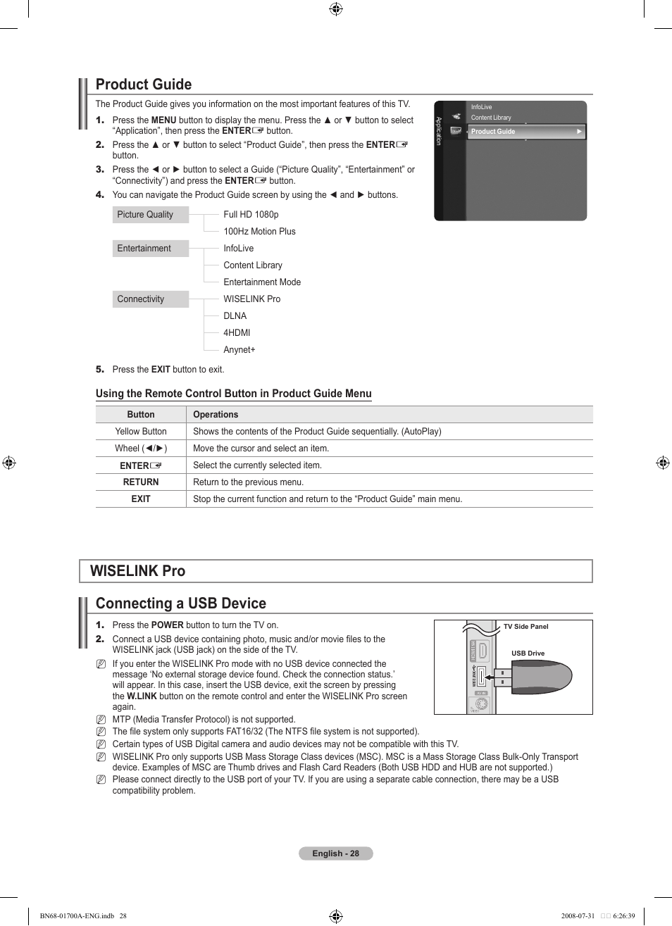 Product guide, Wiselink pro, Connecting a usb device | Wiselink pro connecting a usb device | Samsung BN68-01700A-00 User Manual | Page 30 / 68