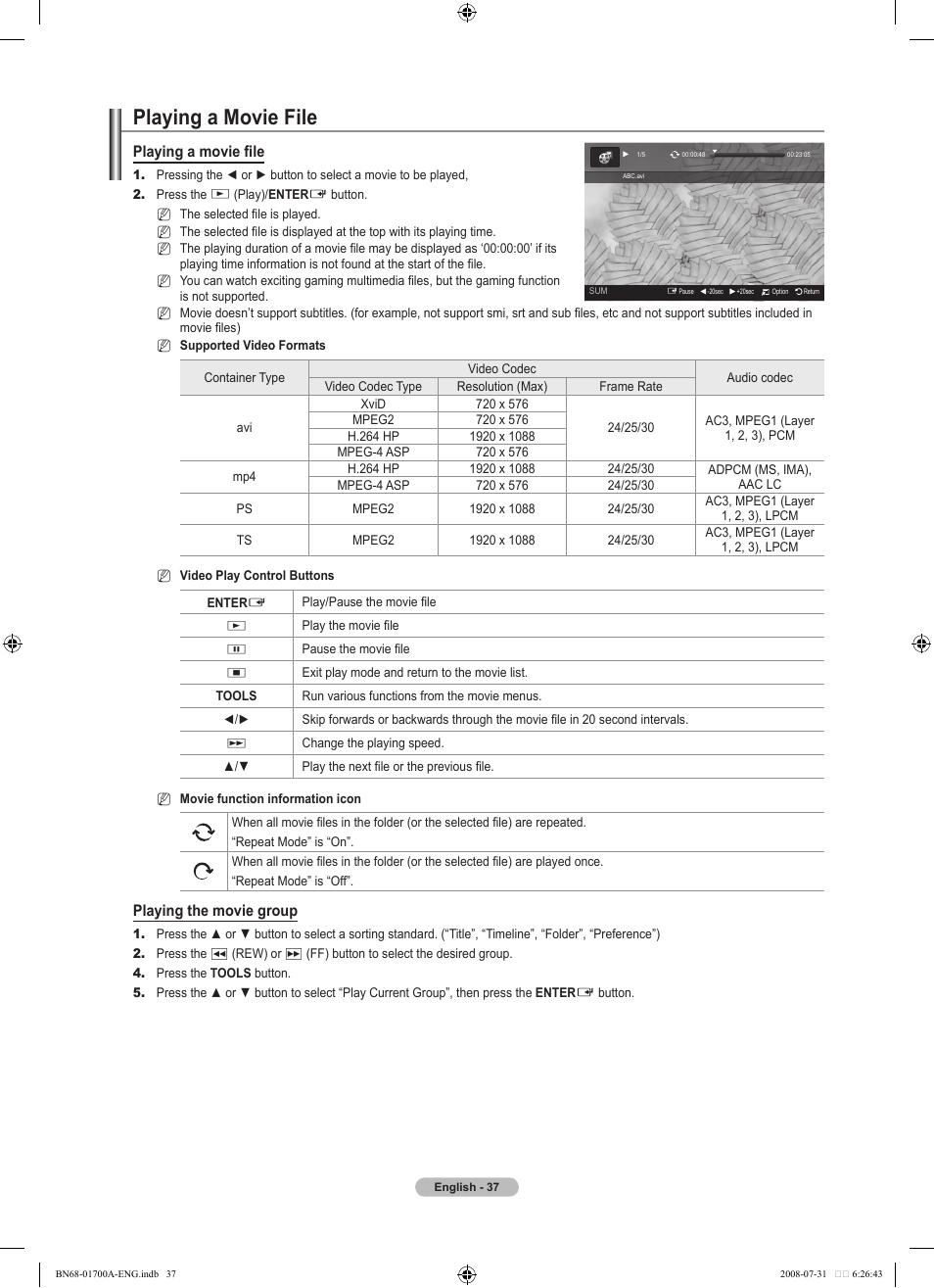 Playing a movie file, Playing a movie fi le, Playing the movie group | Samsung BN68-01700A-00 User Manual | Page 39 / 68