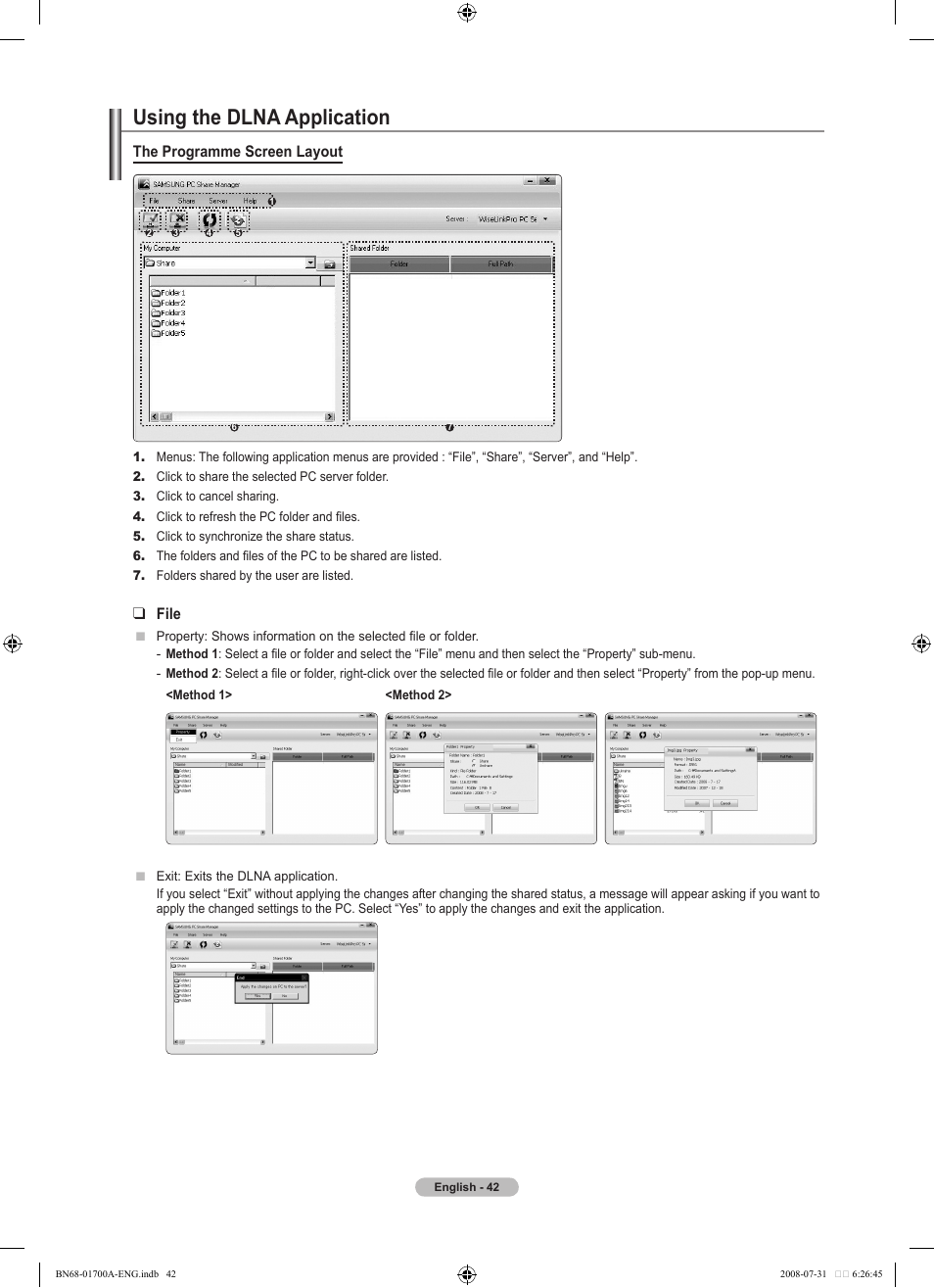 Using the dlna application, The programme screen layout, File | Samsung BN68-01700A-00 User Manual | Page 44 / 68