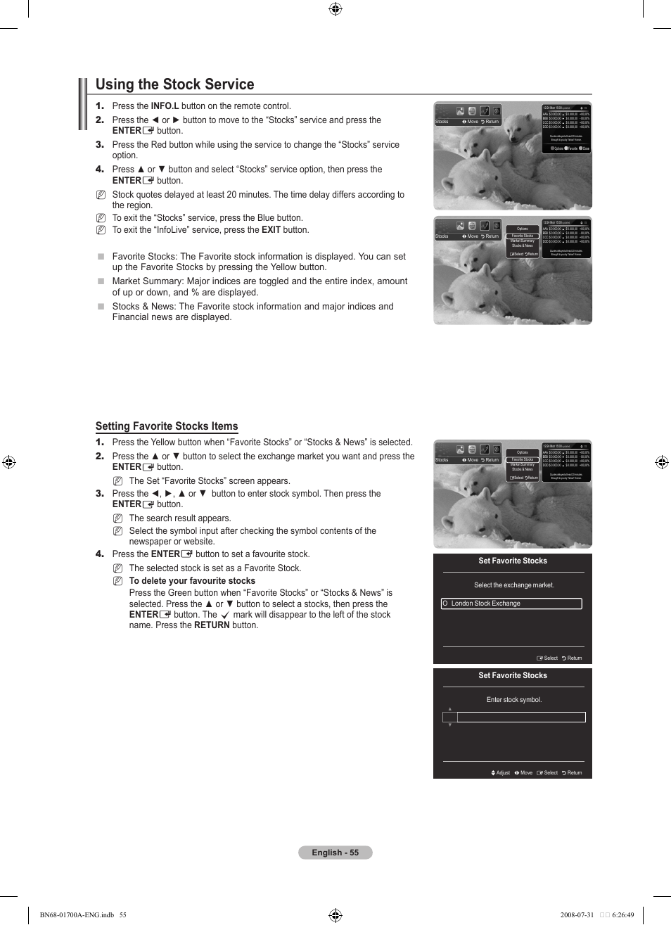 Using the stock service, Setting favorite stocks items, Nn n n n | Samsung BN68-01700A-00 User Manual | Page 57 / 68