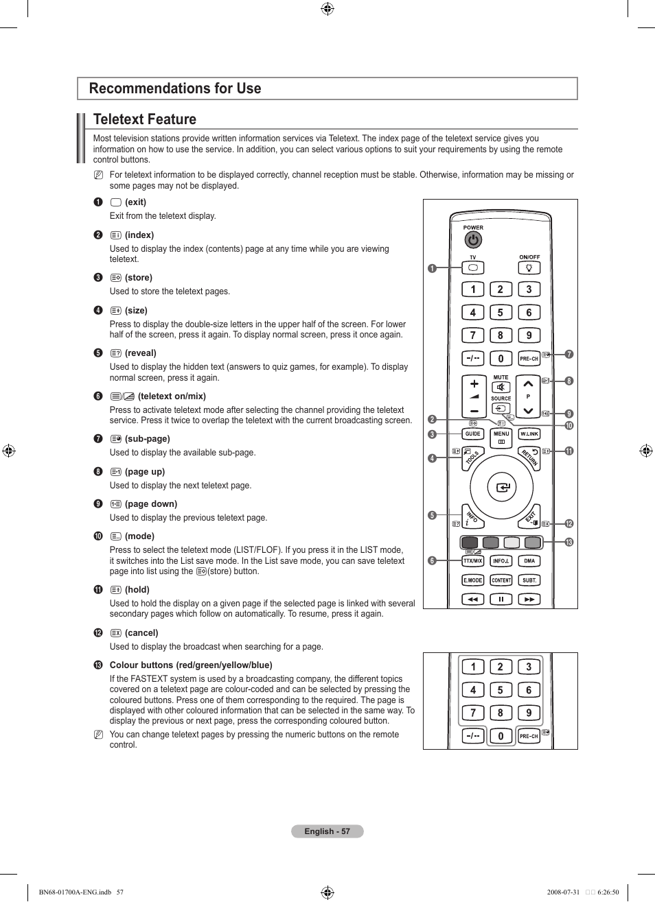 Recommendations for use, Teletext feature, Recommendations for use teletext feature | Samsung BN68-01700A-00 User Manual | Page 59 / 68