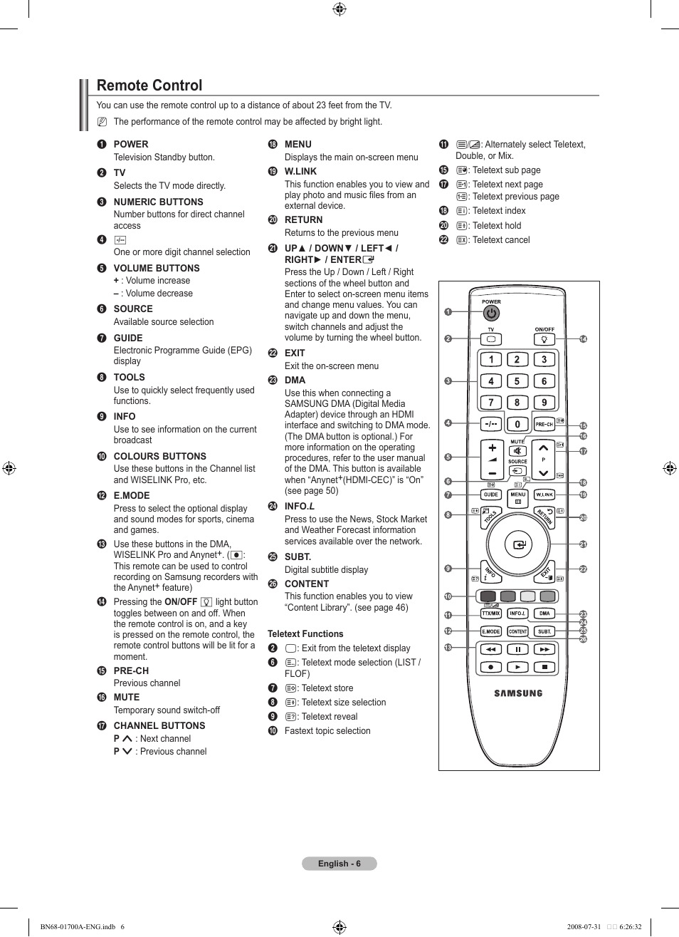 Remote control | Samsung BN68-01700A-00 User Manual | Page 8 / 68