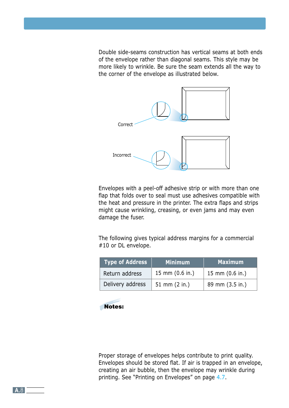 Envelopes with double side seams, Envelopes with adhesive strips or flaps, Envelope margins | Envelope storage, Paper specifications | Samsung ML-1250 User Manual | Page 107 / 136