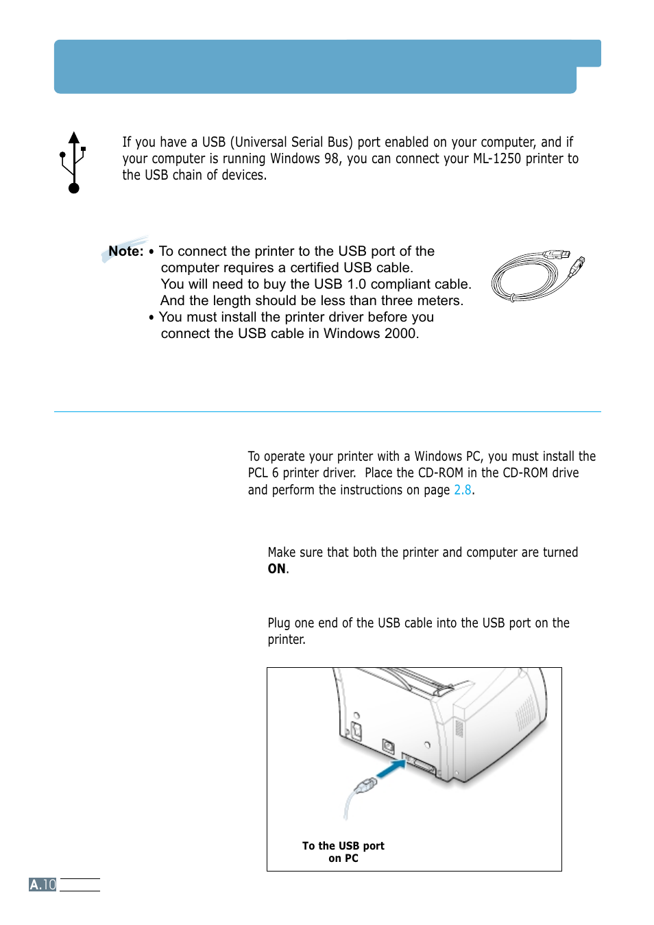 Using your printer with a usb cable, Installing the printer software, A.10 | Samsung ML-1250 User Manual | Page 109 / 136