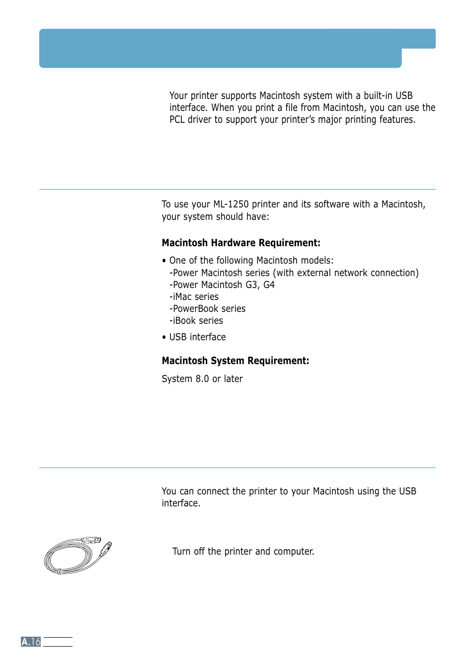 Using your printer with macintosh, System requirements, Installing software for macintosh | A.16, Connecting to macintosh | Samsung ML-1250 User Manual | Page 115 / 136
