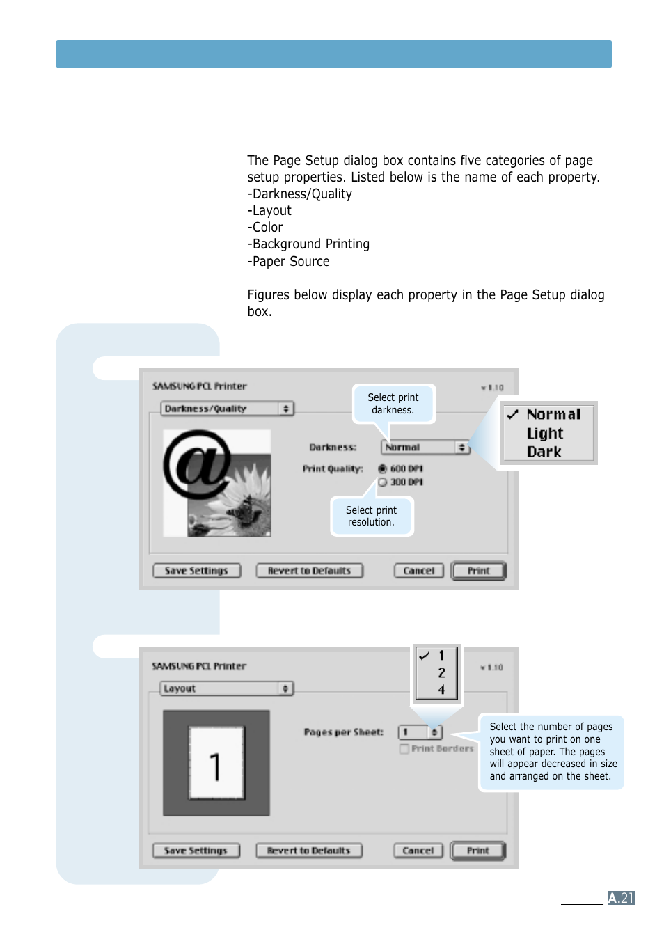 Advanced printing, Darkness/quality layout, Using your printer with macintosh | Samsung ML-1250 User Manual | Page 120 / 136