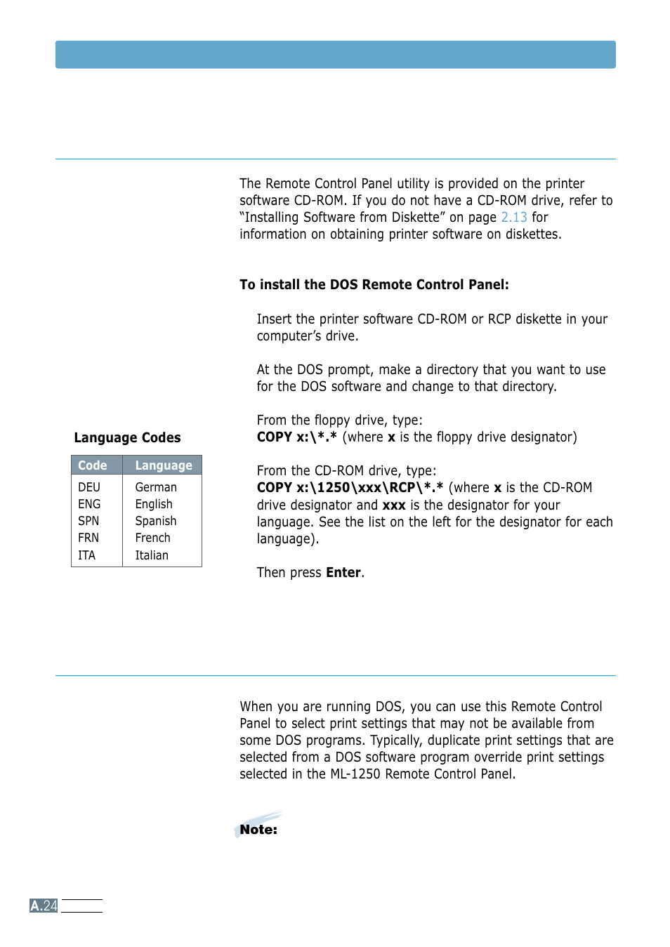 Installing the remote control panel for dos users, Selecting print settings, Printing from dos applications | Samsung ML-1250 User Manual | Page 123 / 136
