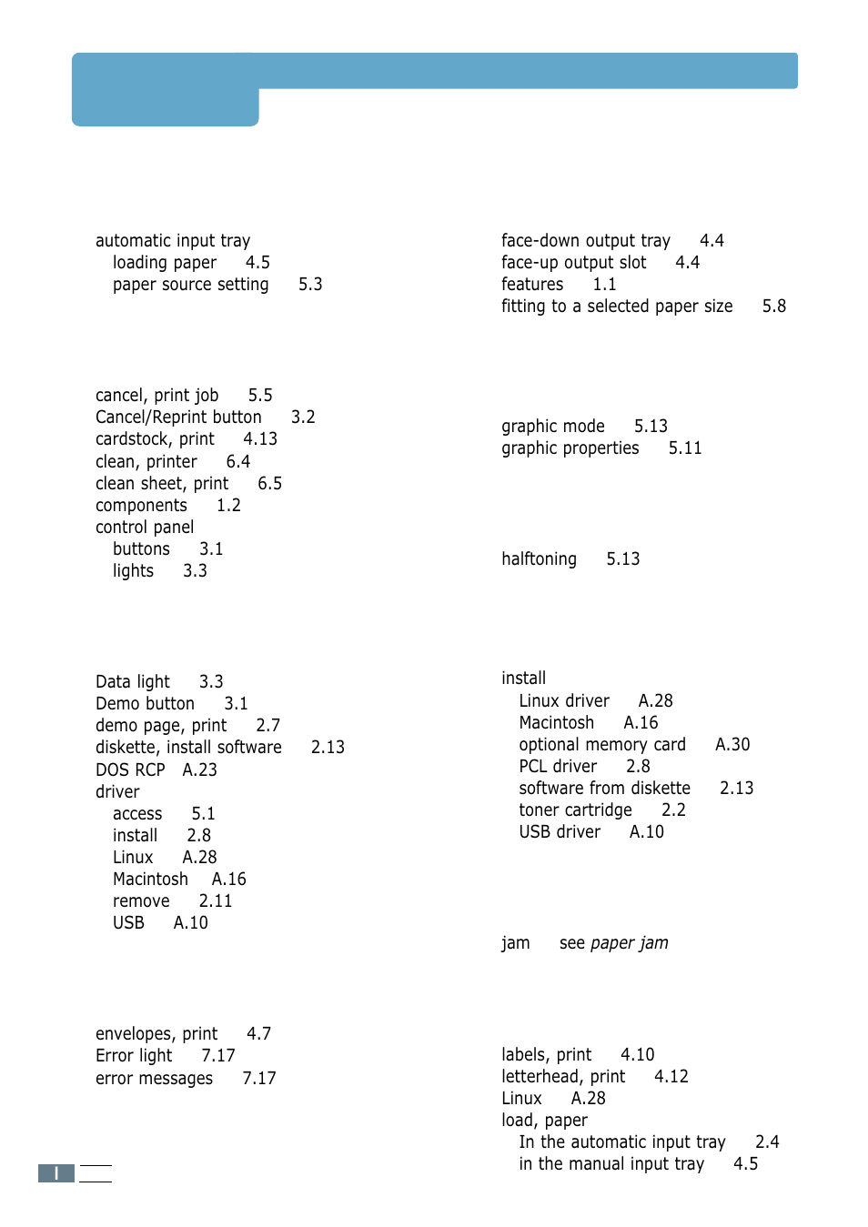 Index | Samsung ML-1250 User Manual | Page 133 / 136
