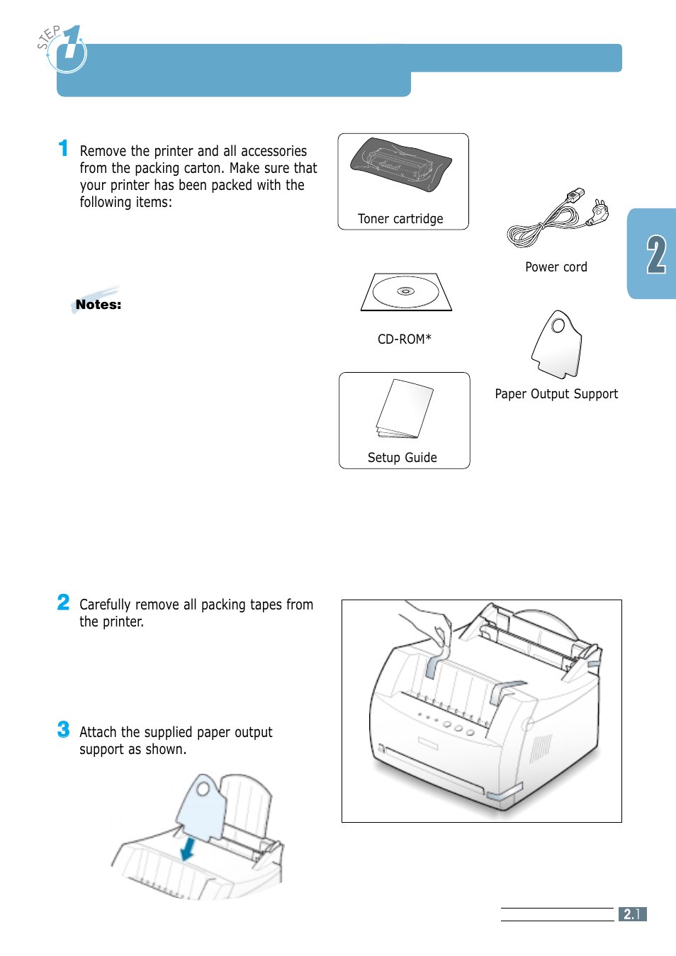 Unpack your printer, Step 1, Unpack your printer –––––––––––––––––––––––––– 2.1 | Samsung ML-1250 User Manual | Page 15 / 136