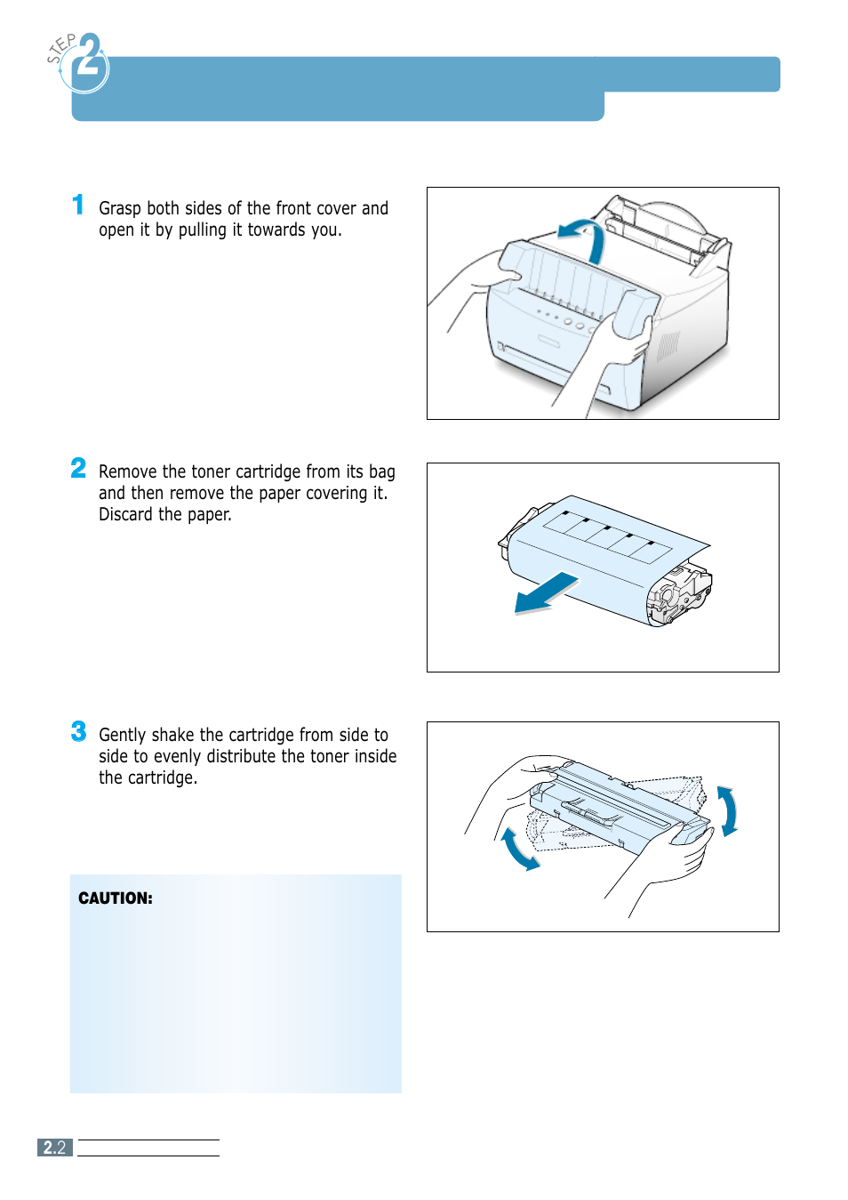 Install the toner cartridge, Step 2 | Samsung ML-1250 User Manual | Page 16 / 136