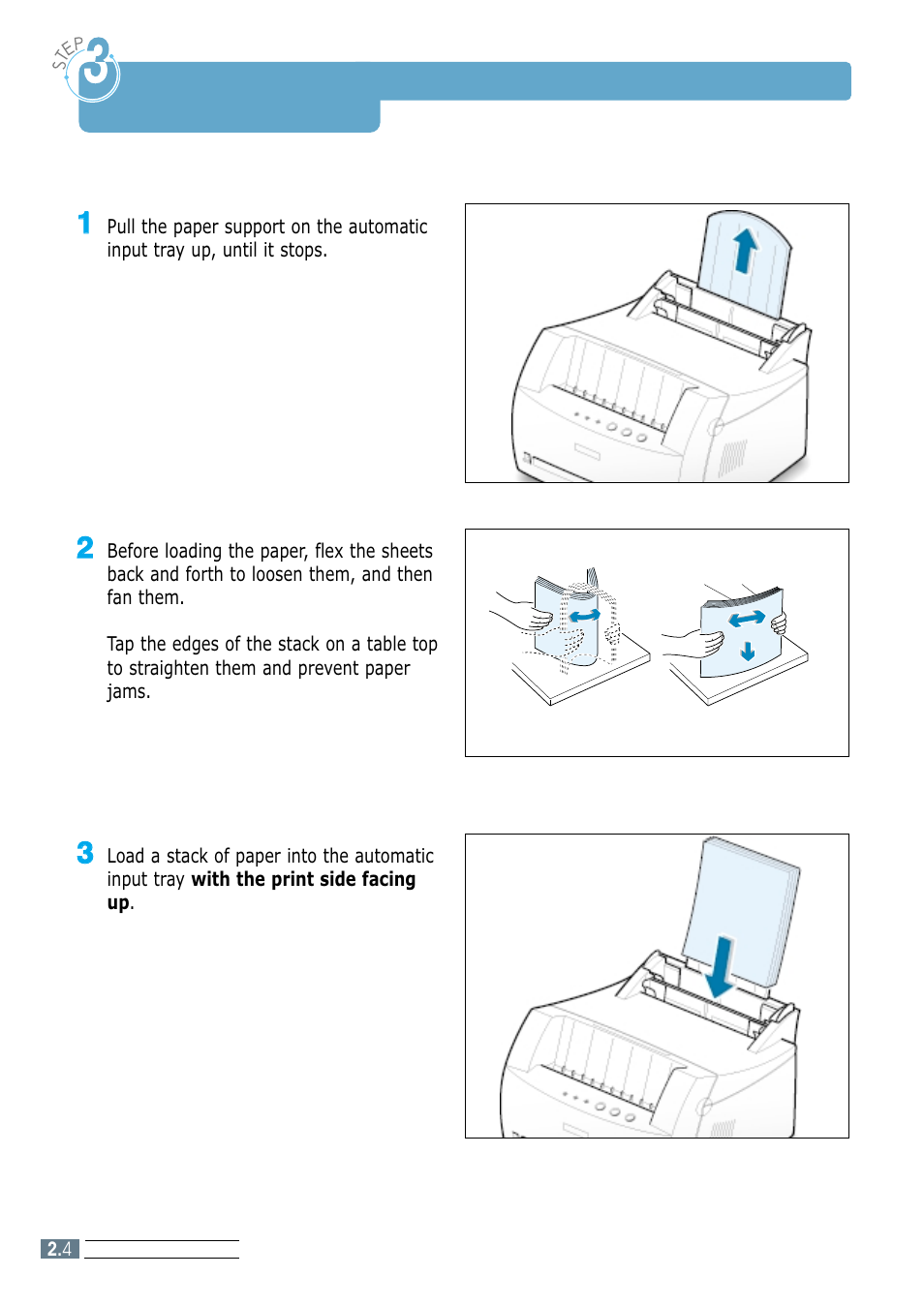 Load paper, Step 3, Load paper ––––––––––––––––––––––––––––––––– 2.4 | Samsung ML-1250 User Manual | Page 18 / 136