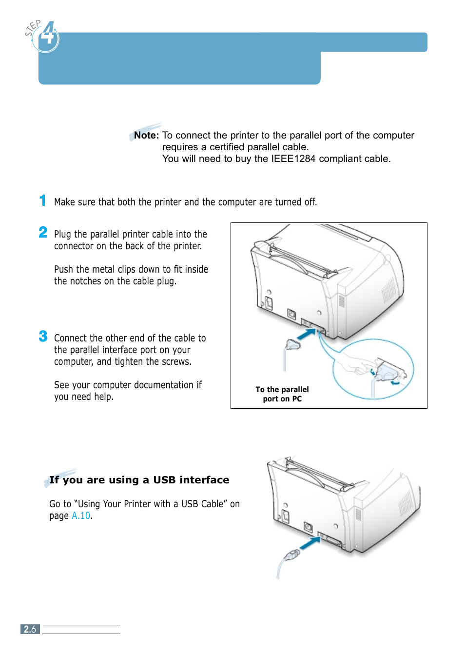 Connect to the computer with a parallel cable, Step 4 | Samsung ML-1250 User Manual | Page 20 / 136