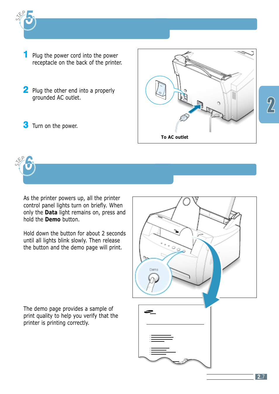 Turn on the printer, Step 5, Step 6 | Print a demo page | Samsung ML-1250 User Manual | Page 21 / 136