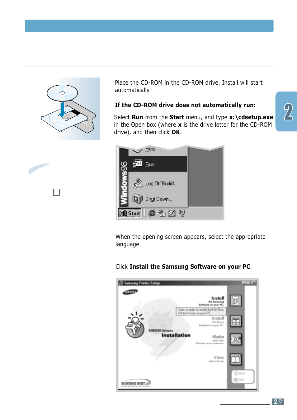 Installing the printer software from the cd-rom, Install the printer software | Samsung ML-1250 User Manual | Page 23 / 136