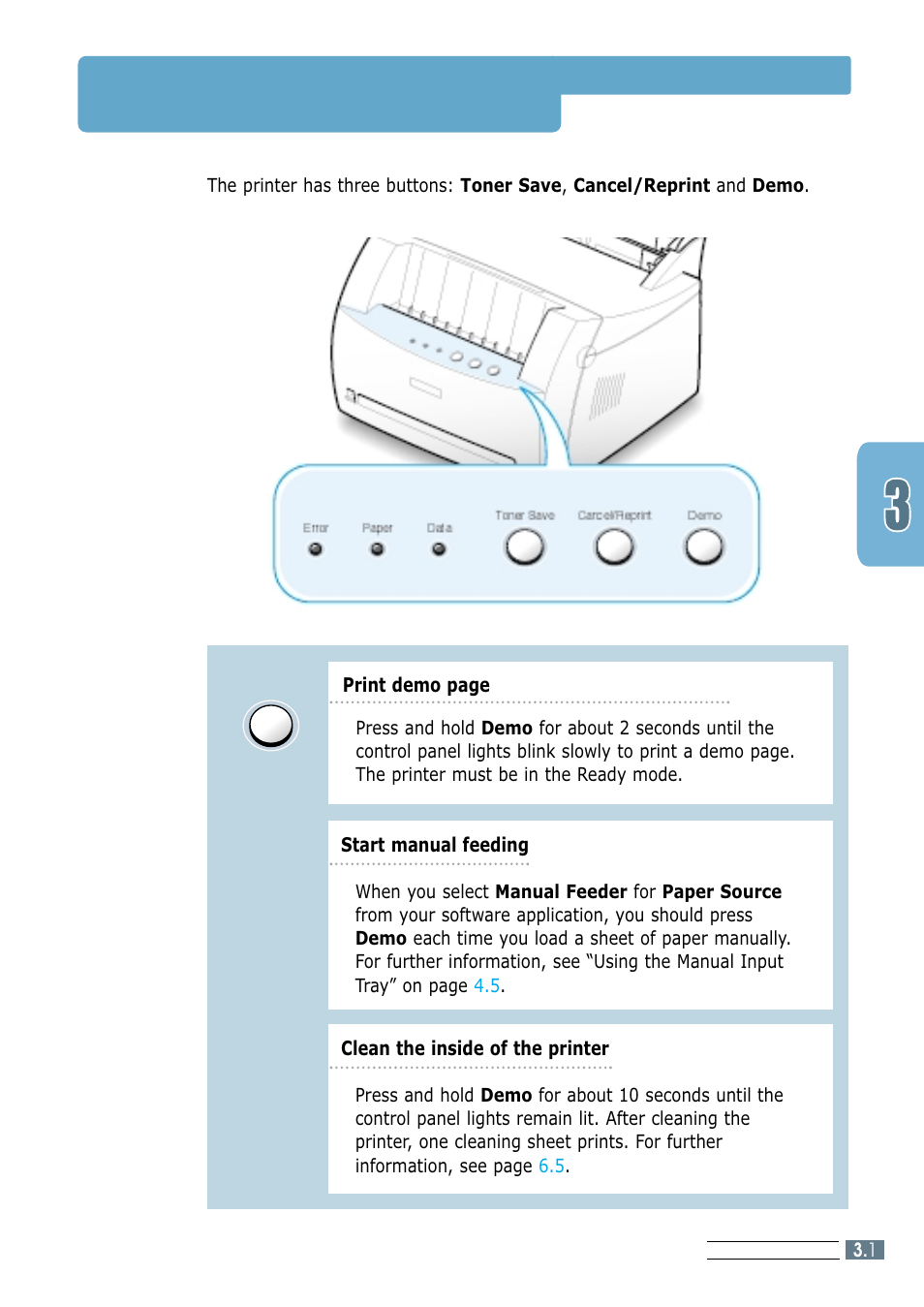 Control panel buttons | Samsung ML-1250 User Manual | Page 31 / 136