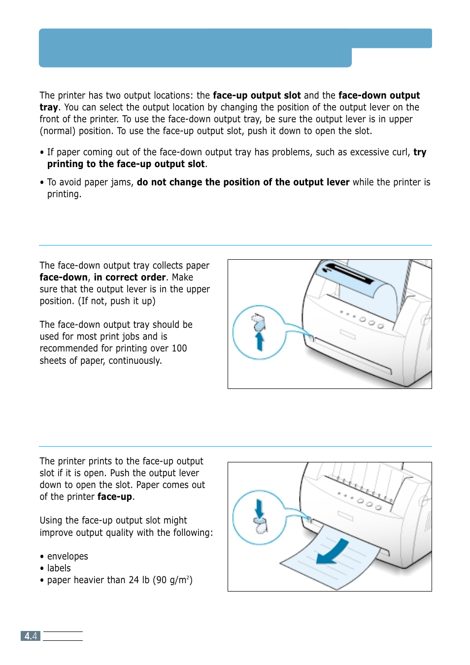 Selecting the output location, Printing to the face-down output tray, Printing to the face-up output slot | Samsung ML-1250 User Manual | Page 38 / 136