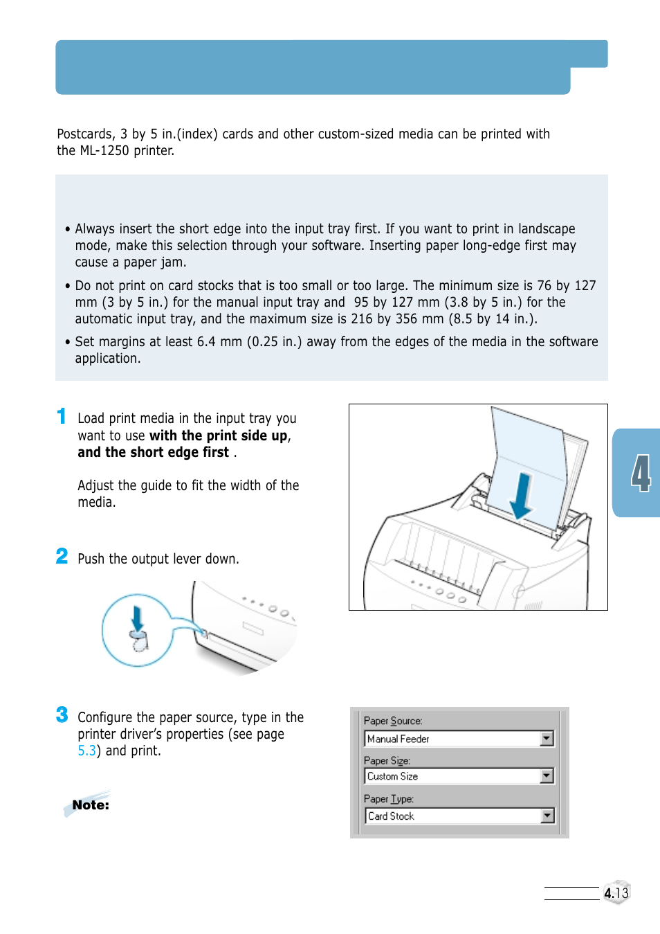 Printing on card stock or custom-sized media, Guidelines | Samsung ML-1250 User Manual | Page 47 / 136