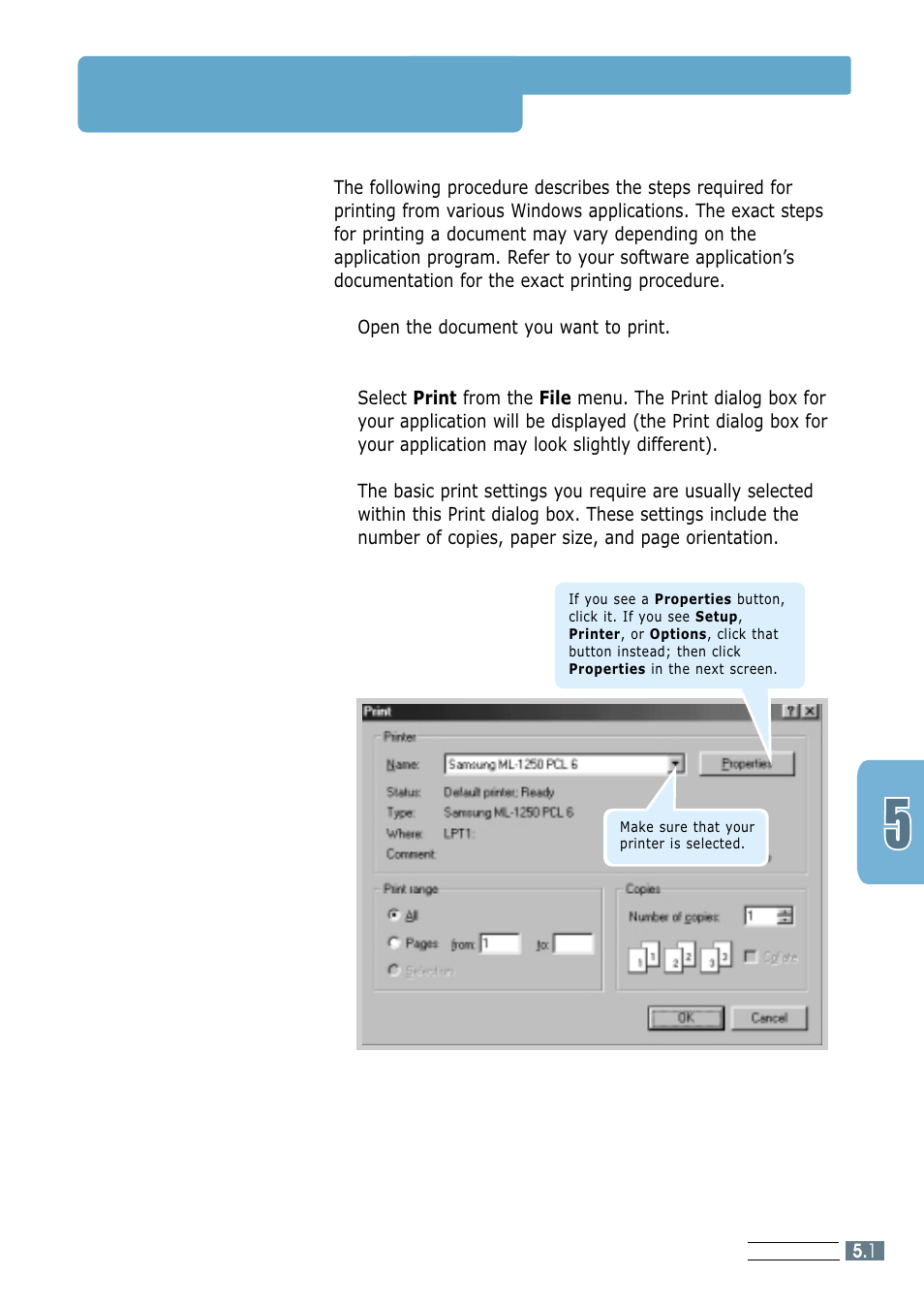 Printing a document | Samsung ML-1250 User Manual | Page 49 / 136