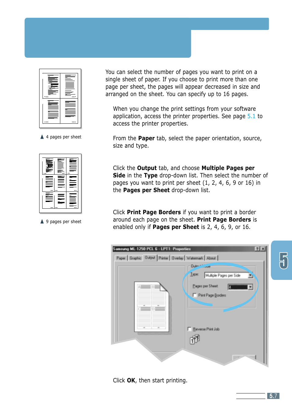 Rinting multiple pages on one sheet of paper, N-up printing) 4 | Samsung ML-1250 User Manual | Page 55 / 136